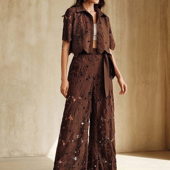 Brown Casual Women's Embroidered Top & Pants Set - Picture 5 of 7